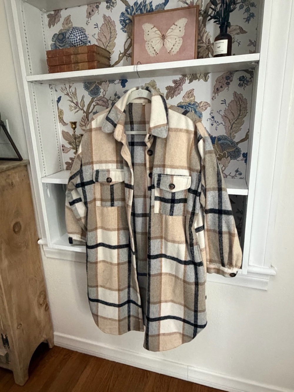 Plaid Shacket Coat - Cream & Tan Oversized Women's Jacket